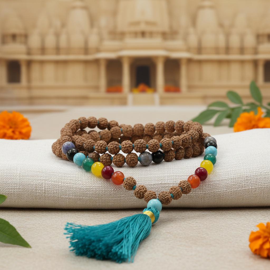 Rudraksha Mala with Colorful Beads and Turquoise Tassel - Premium