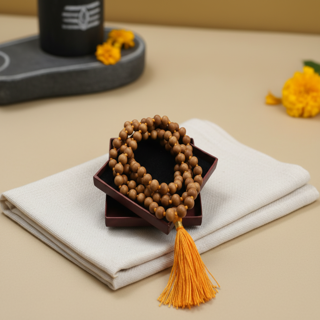 Rudraksha Mala with Orange Tassel on Wooden Stand - Premium