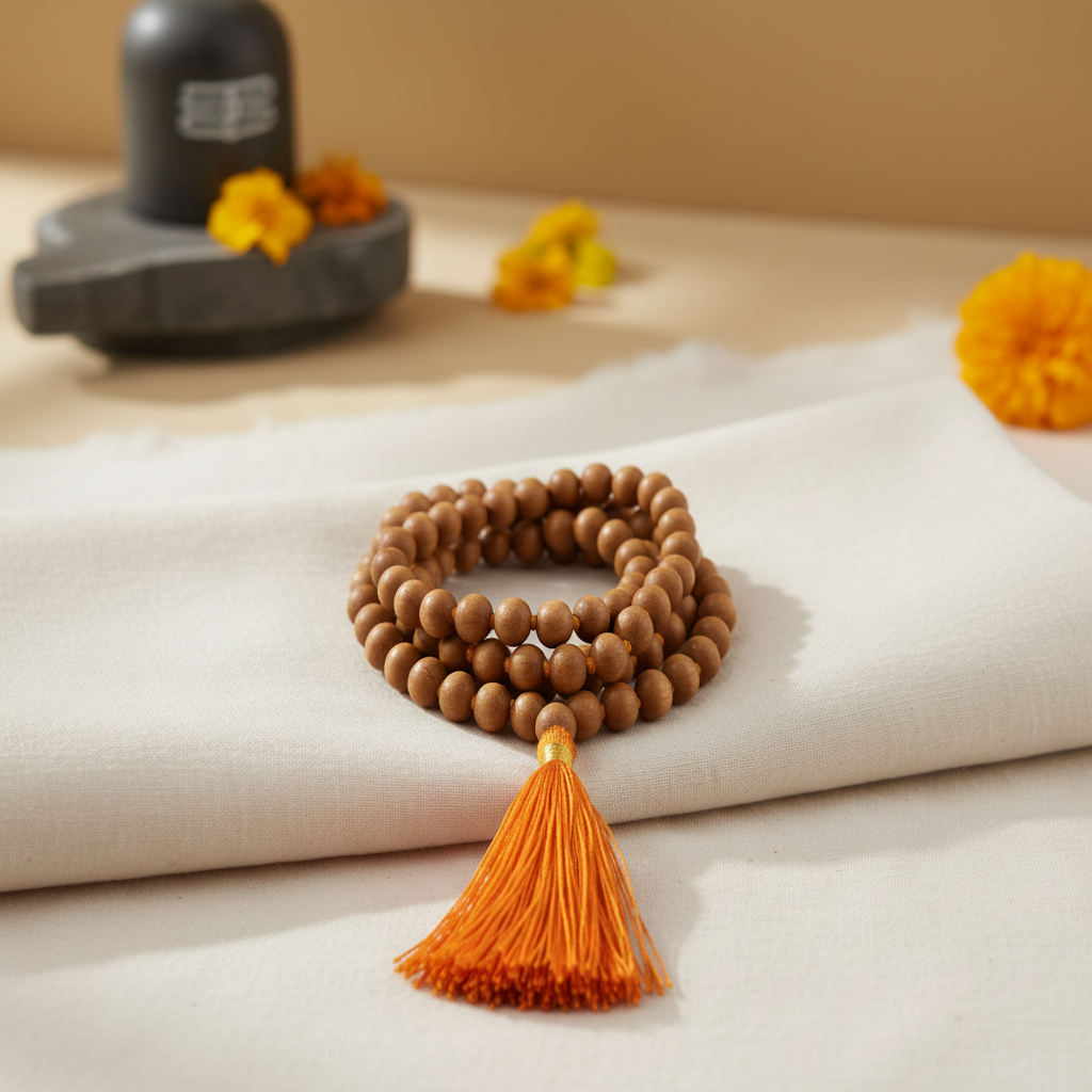 Rudraksha Mala with Orange Tassel - Premium