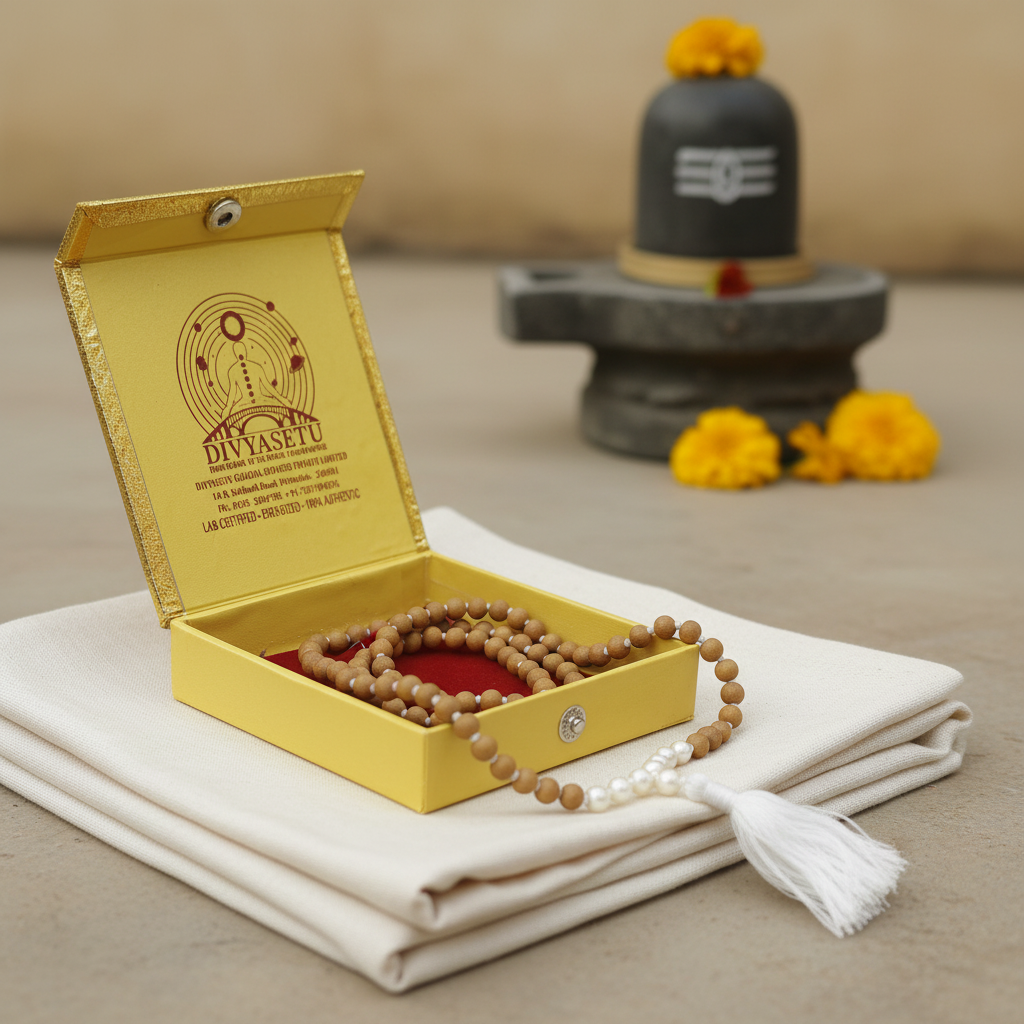Rudraksha Mala with Pearl Beads and White Tassel in DivyaSetu Box - Premium