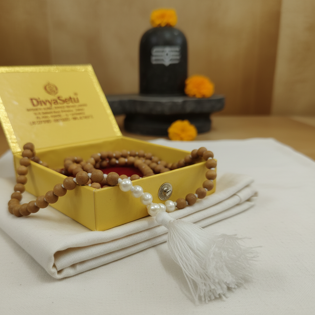 Rudraksha Mala with Pearl Beads and White Tassel - Premium