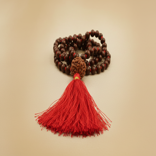 Rudraksha Mala with Red Tassel - Beautiful Background