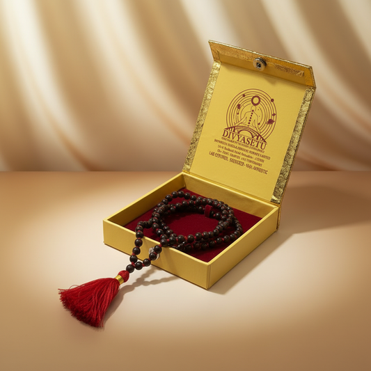 Rudraksha Mala with Red Tassel - Gift Box View 2