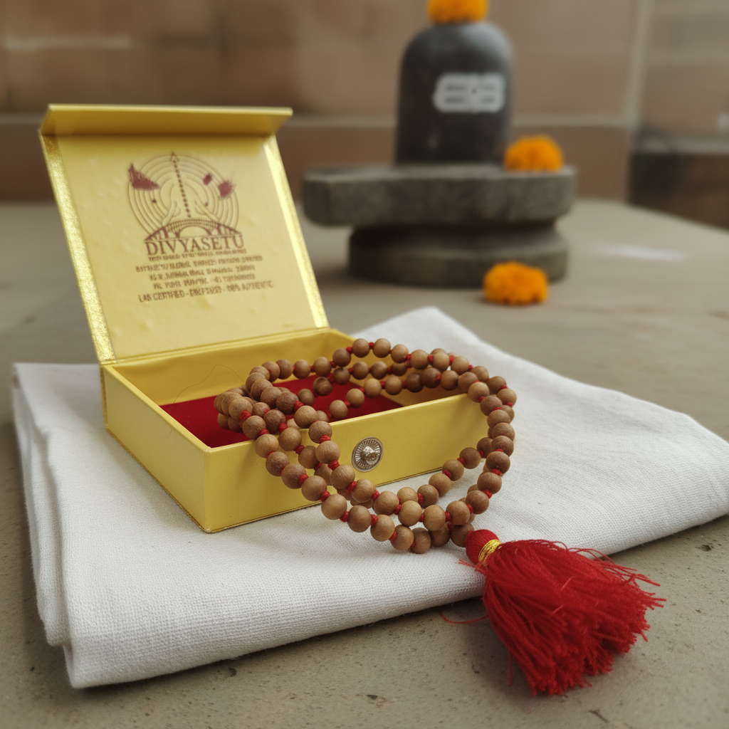 Rudraksha Mala with Red Tassel in DivyaSetu Box - Premium