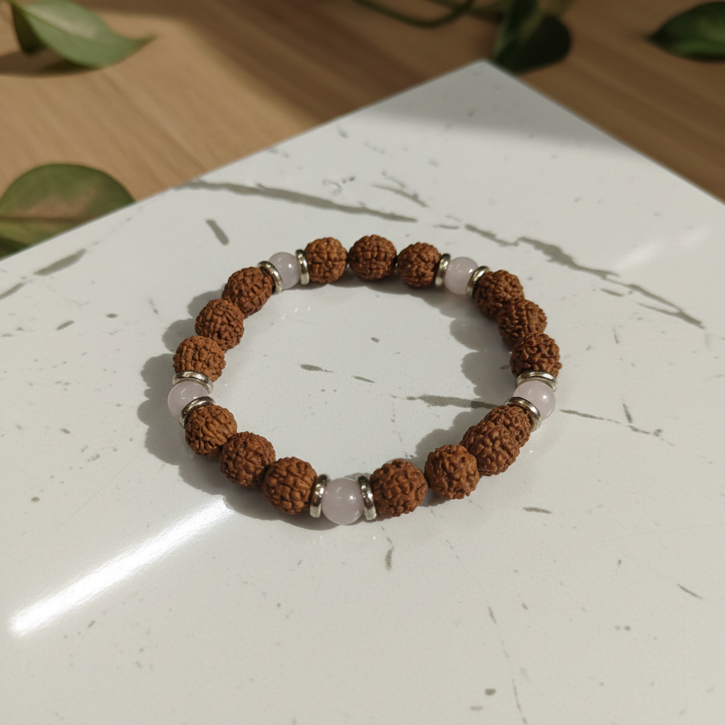Rudraksha Rose Quartz - Flat Lay Top Down Lifestyle