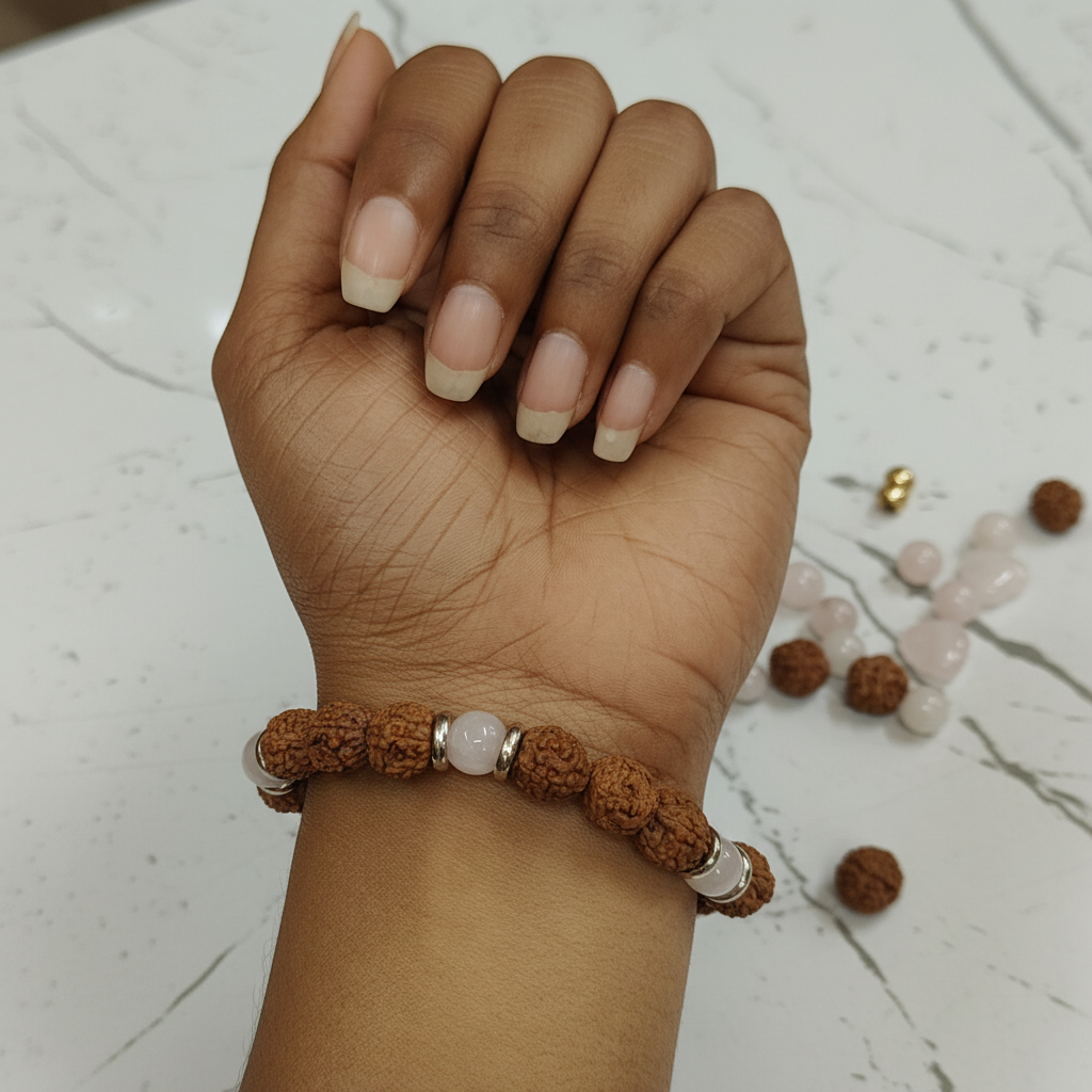 Rudraksha Rose Quartz - Wrist Front Lifestyle