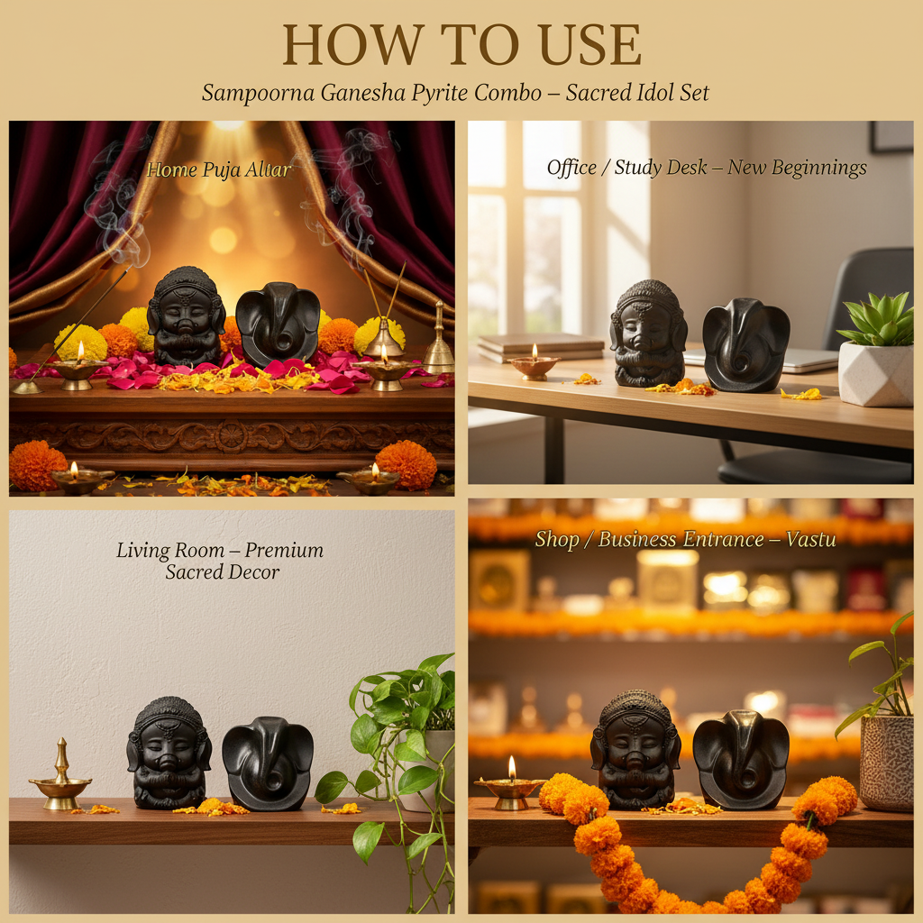 Sampoorna Ganesha Pyrite Combo – "How to Use" Premium Lifestyle Collage