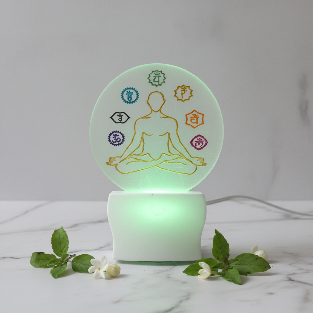 Selenite Chakra Lamp - Green Glow Marble