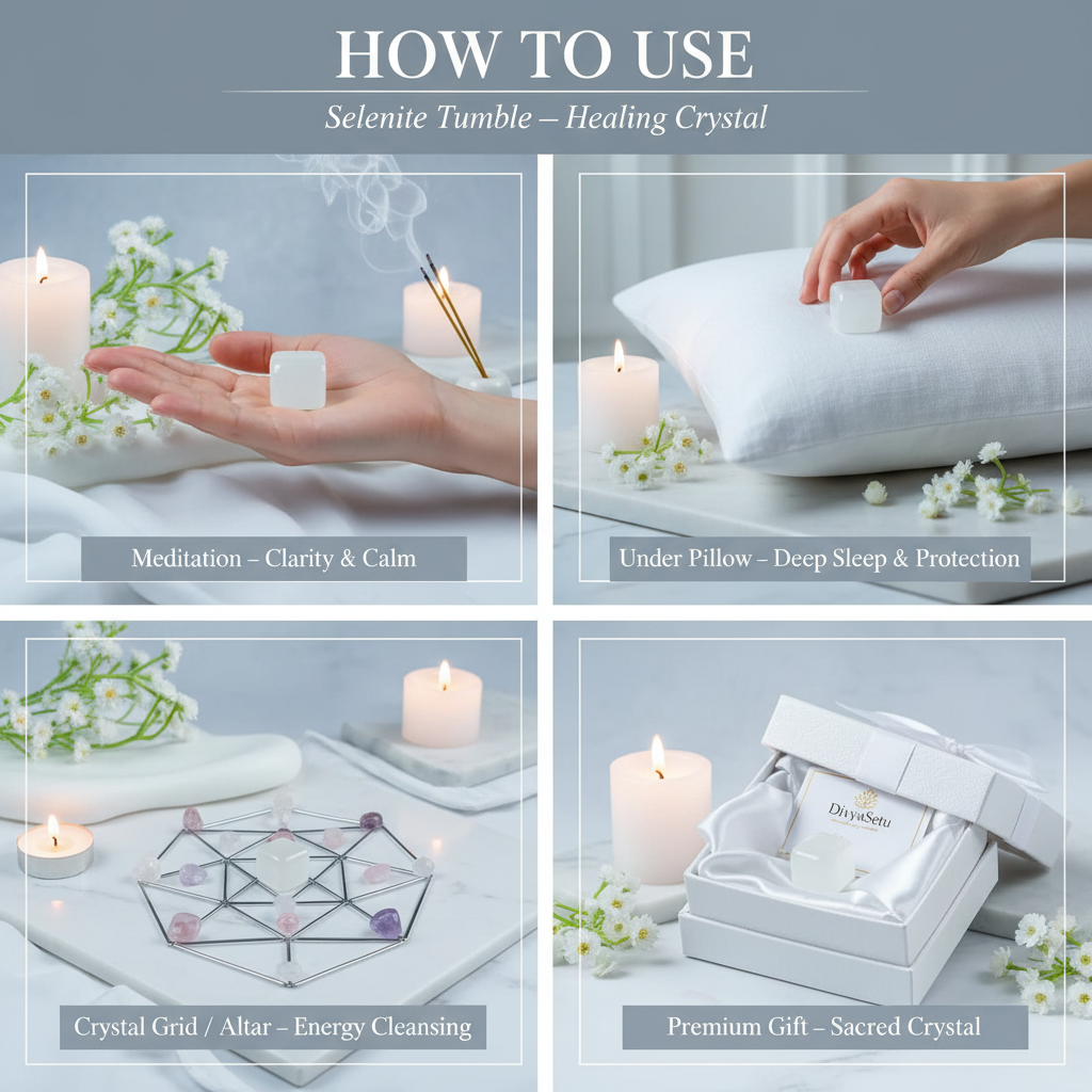 Selenite Tumble – "How to Use" Premium Lifestyle Collage