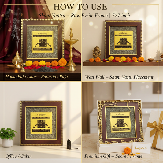 Shani Yantra Raw Pyrite Frame – "How to Use" Premium Lifestyle Collage