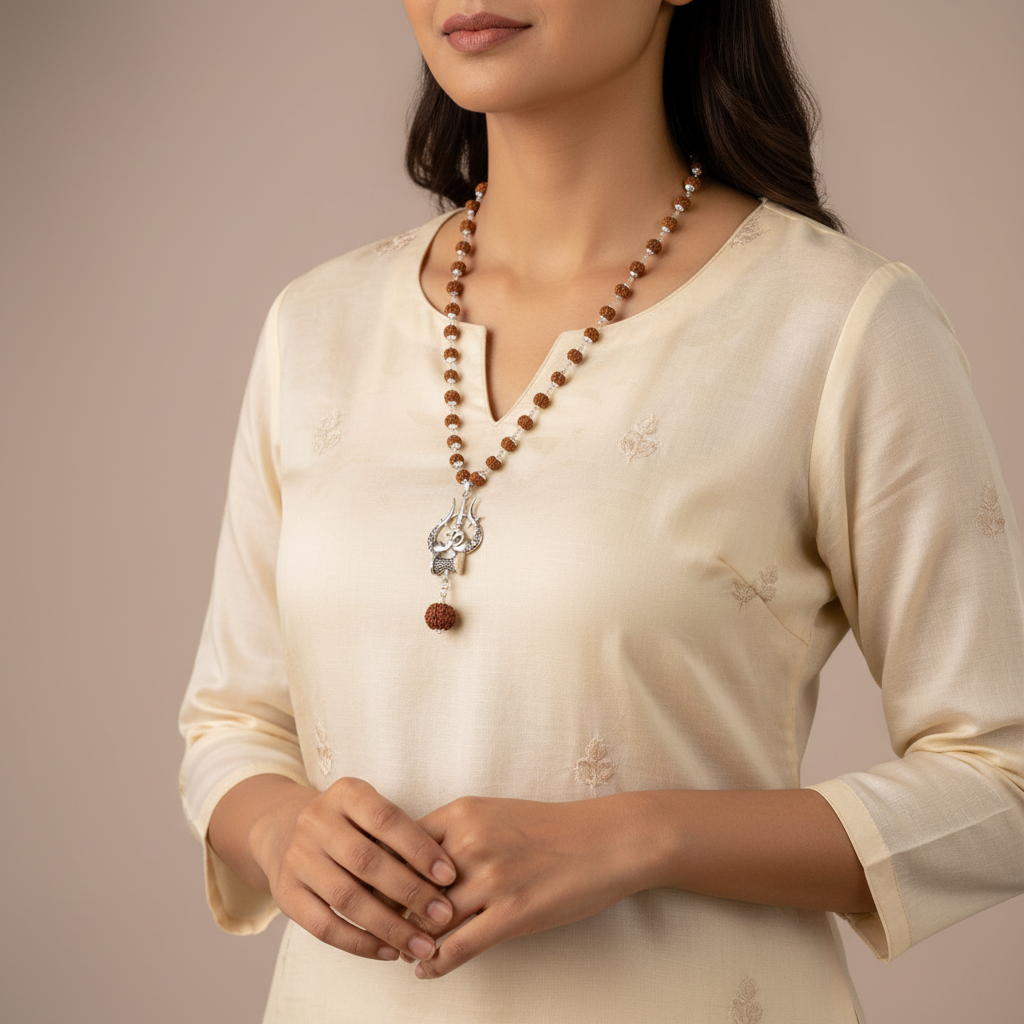 Shiv Rudraksha Mala with Om Trishul Pendant - Woman Wearing