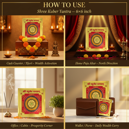 Shree Kuber Yantra 6x6 – "How to Use" Premium Lifestyle Collage