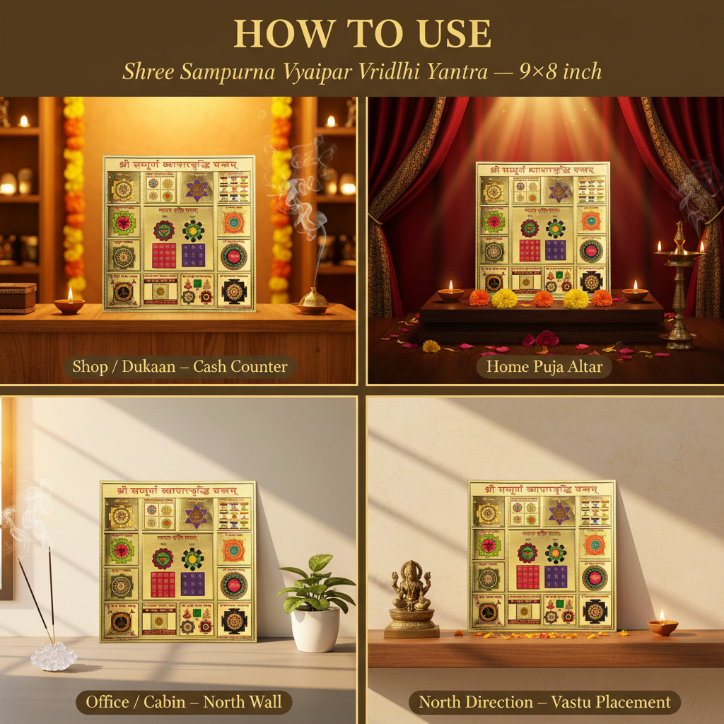 Shree Sampurna Vyapar Vriddhi Yantra 9x9 – "How to Use" Premium Lifestyle Collage