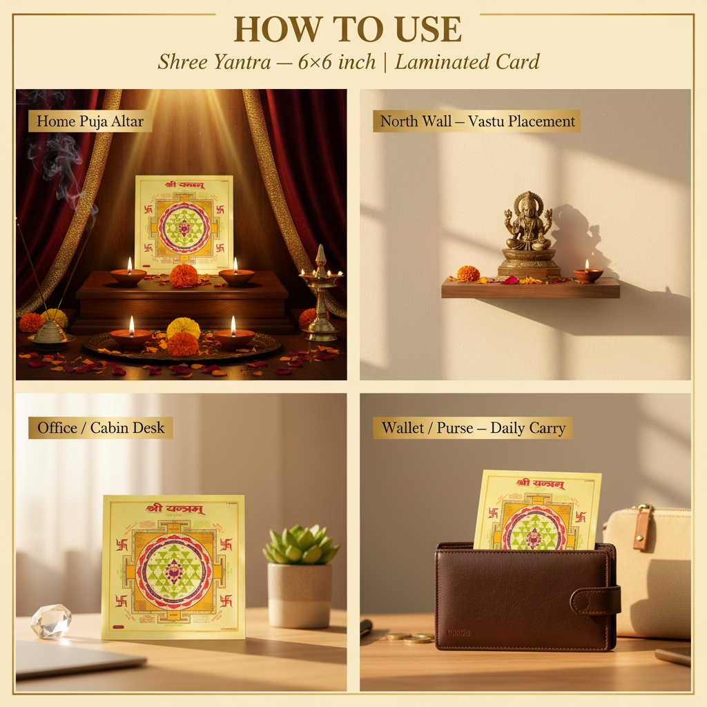 Shree Yantra 6x6 inch – "How to Use" Premium Lifestyle Collage