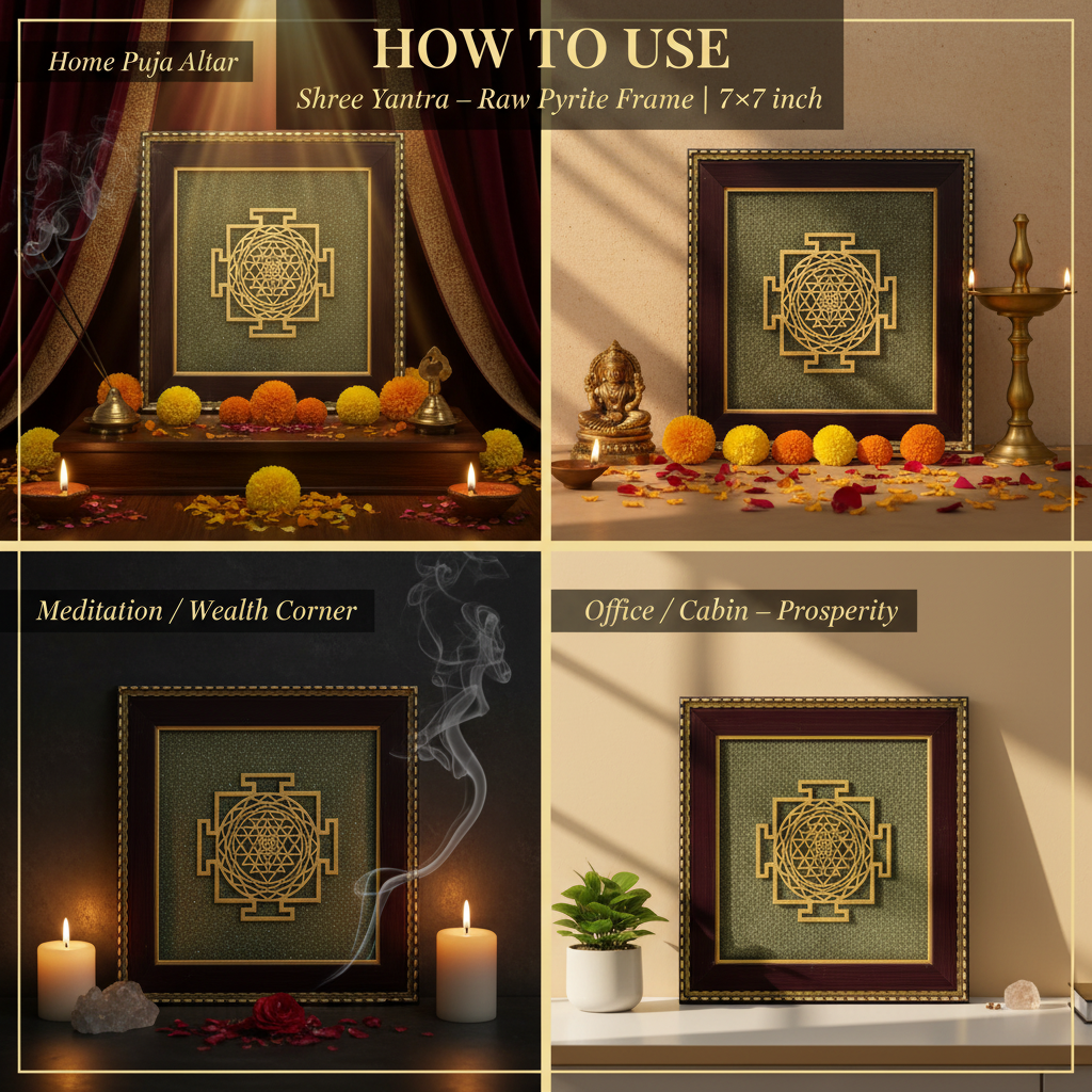 Shree Yantra Raw Pyrite Frame – "How to Use" Premium Lifestyle Collage