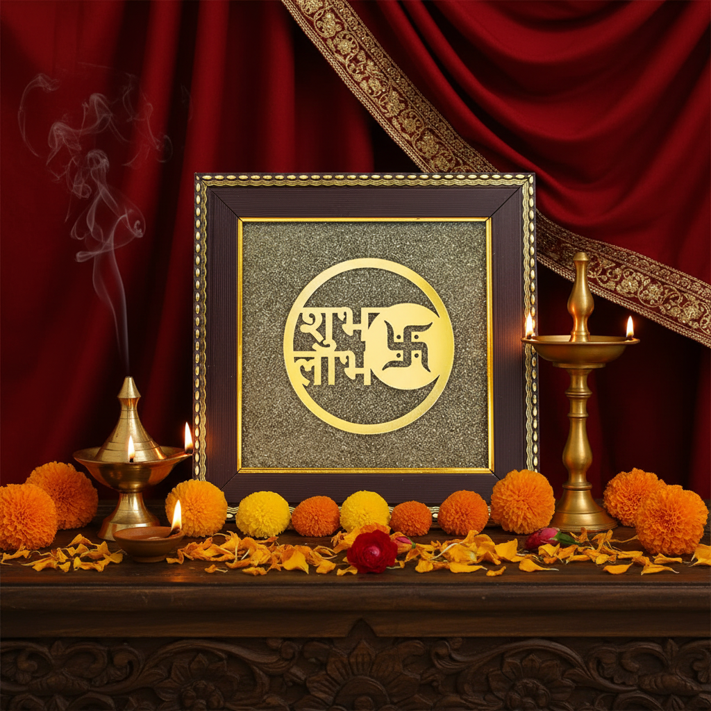 Shubh Labh with aesthetic temple background