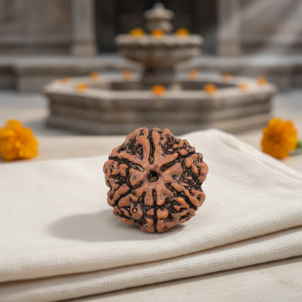 Siddh 6 Mukhi Rudraksha - Front View with Faces - Premium
