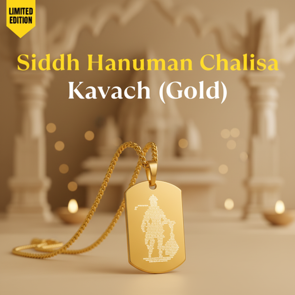 Siddh Hanuman Chalisa Kavach Gold with minimal temple background