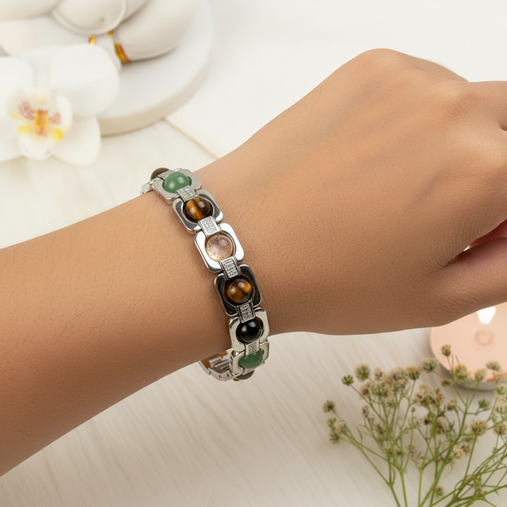 Silver Dhan Yog Bracelet worn on wrist