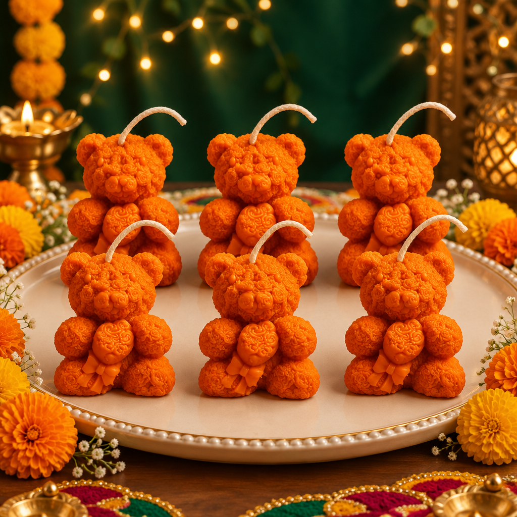 Six darker-orange Teddy Bear Candles with festive flowers, gold accents, and warm lights