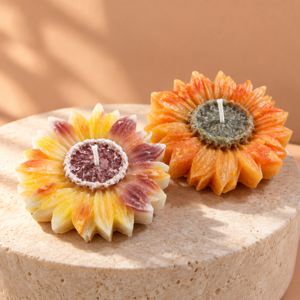 Sunflower candles on a stone pedestal