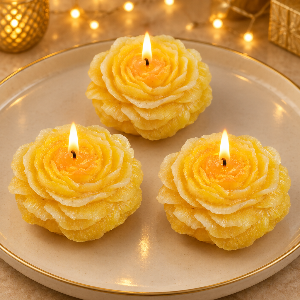 Three burning yellow rose candles in a festive setting