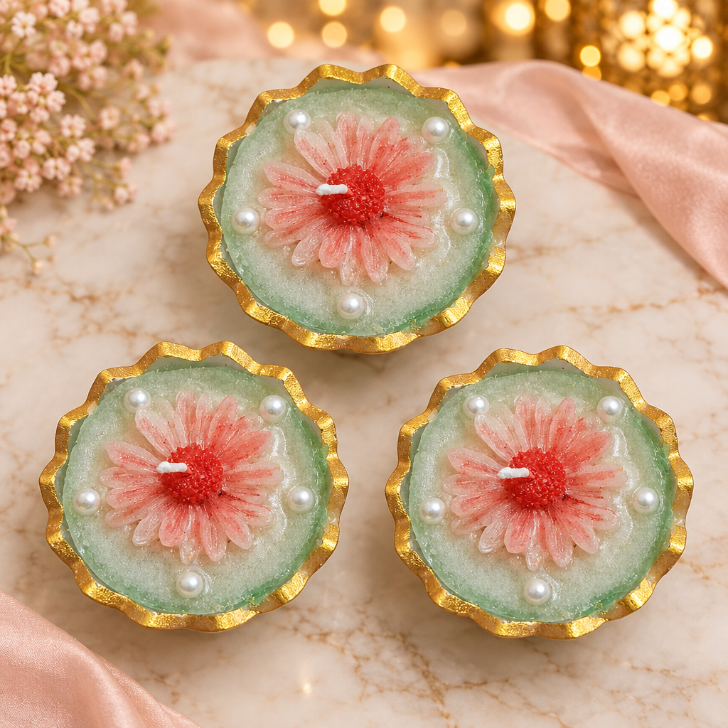 Three matching floral bowl candles in one elegant setting