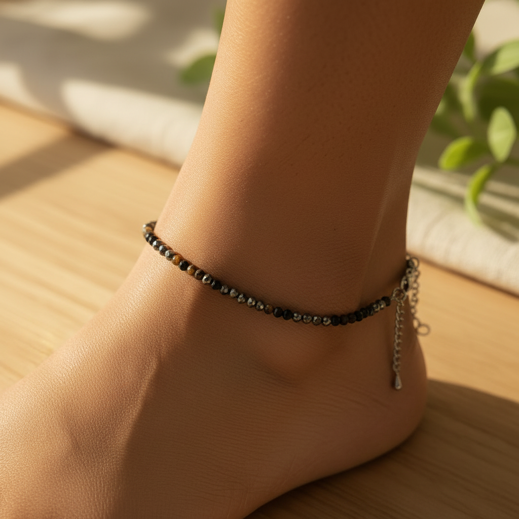 Tiger Eye Pyrite Anklet on Ankle