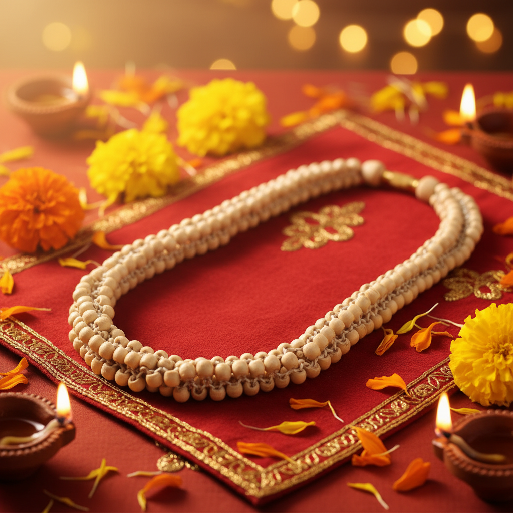 Tulsi Mala — Marigold Diya Background