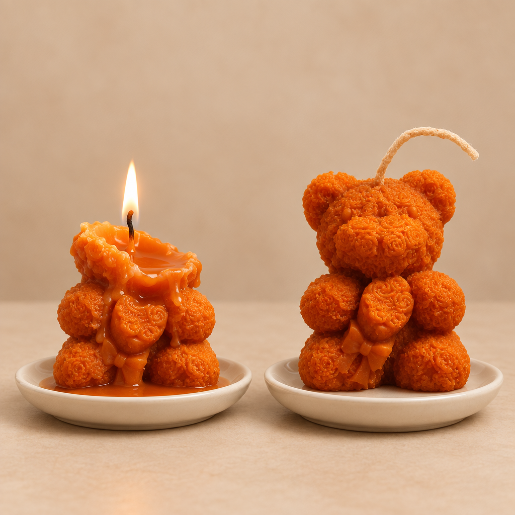 Two orange teddy candles, one illustrated half-melted and burning, the other intact and unlit