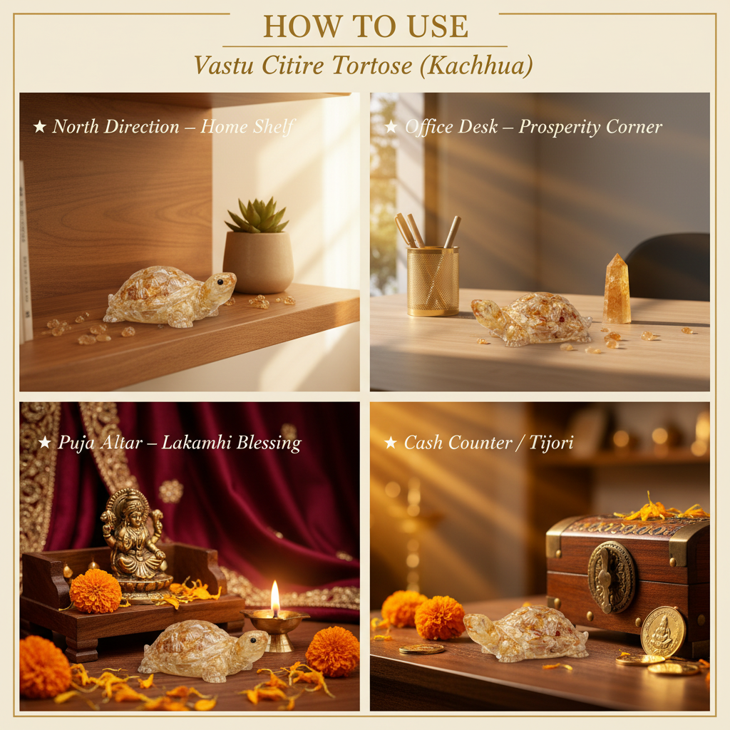 Vastu Citrine Tortoise – "How to Use" Premium Lifestyle Collage
