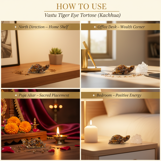 Vastu Tiger Eye Tortoise – "How to Use" Premium Lifestyle Collage