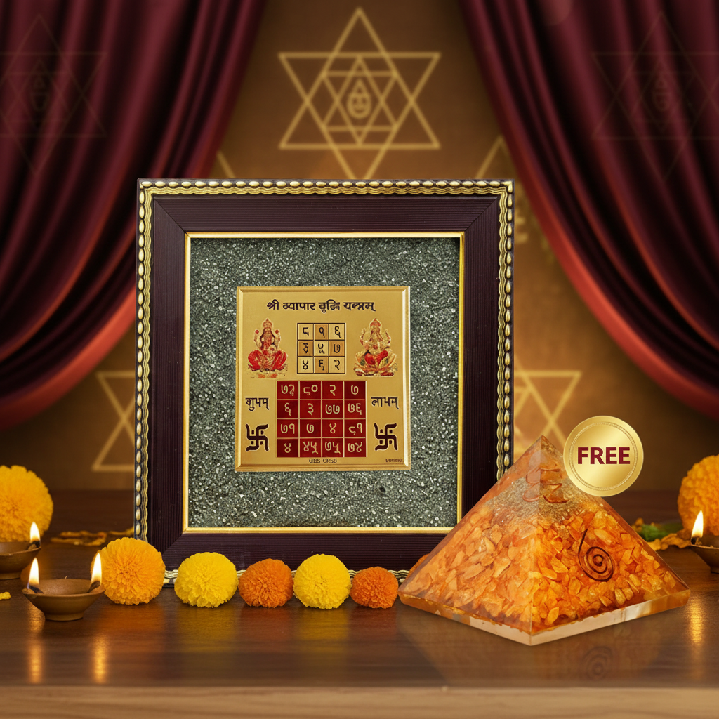 Vyapar Vriddhi Yantra Frame with Citrine Pyramid - Premium Background