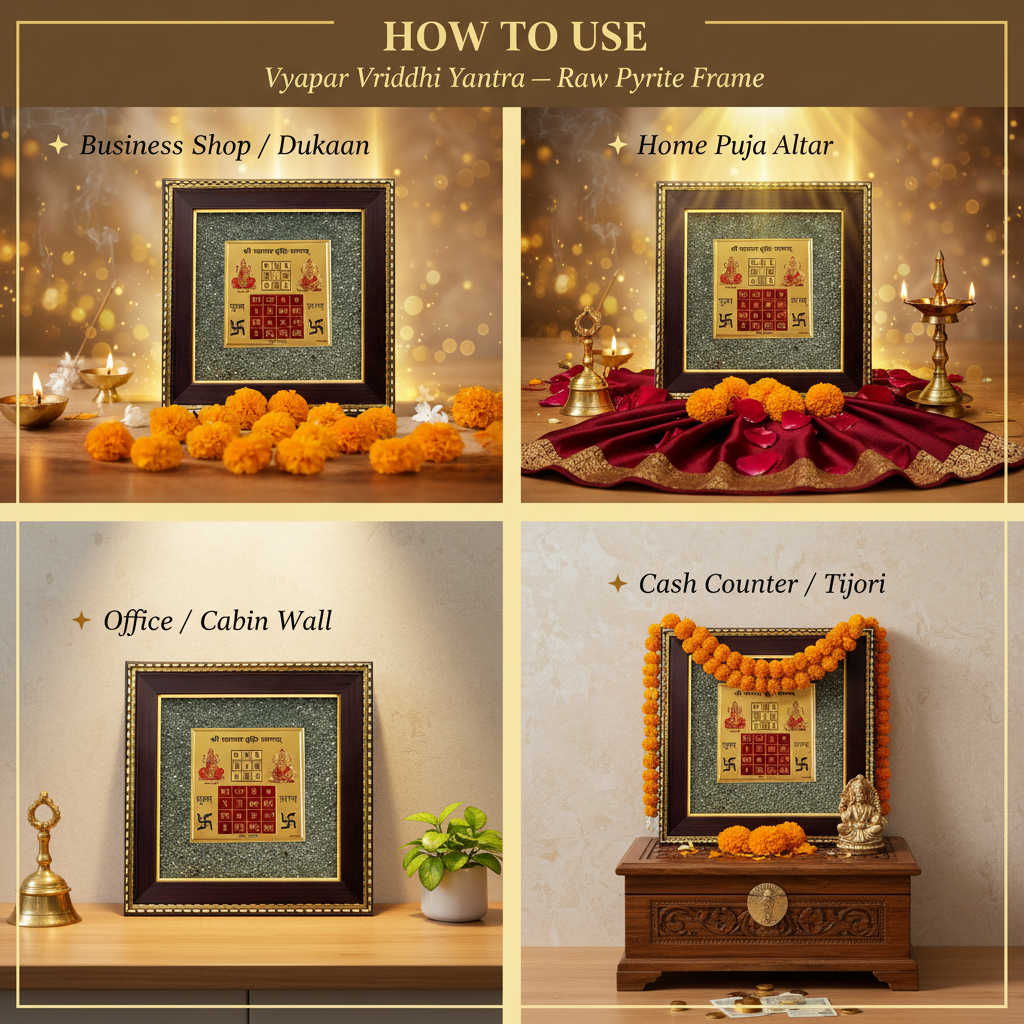 Vyapar Vriddhi Yantra Raw Pyrite Frame – "How to Use" Premium Lifestyle Collage