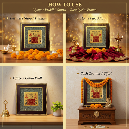 Vyapar Vriddhi Yantra Raw Pyrite Frame – "How to Use" Premium Lifestyle Collage