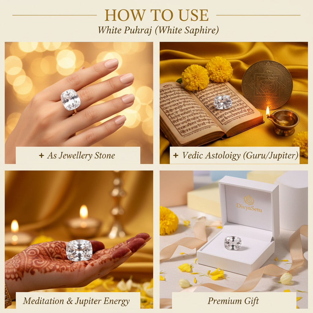 White Pukhraj White Sapphire – "How to Use" Premium Lifestyle Collage