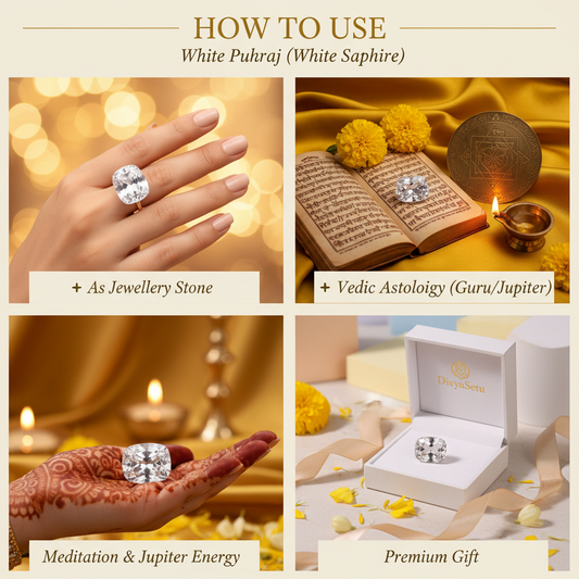 White Pukhraj White Sapphire – "How to Use" Premium Lifestyle Collage
