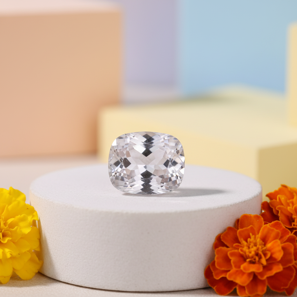 White Pukhraj White Sapphire - Luxury Advertisement with Marigolds