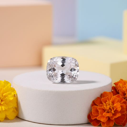 White Pukhraj White Sapphire - Luxury Advertisement with Marigolds