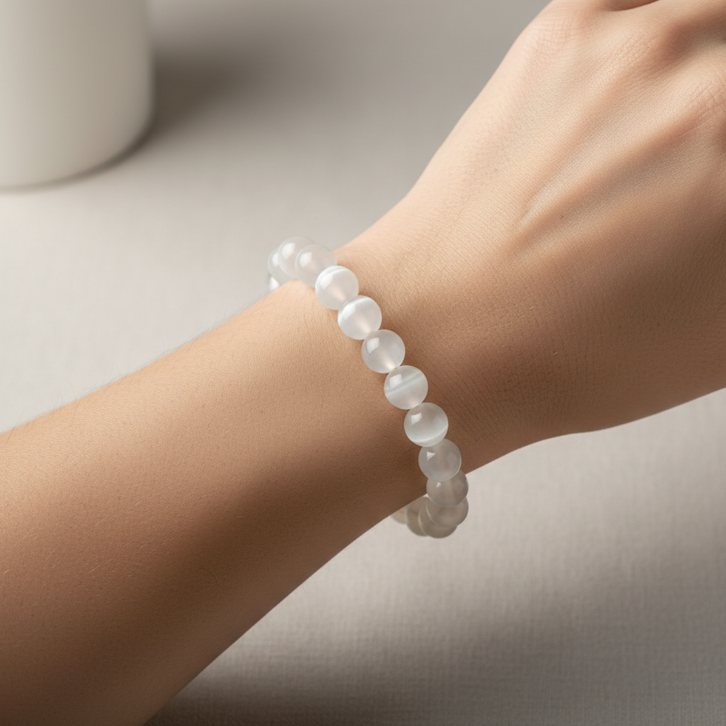 White Selenite bracelet on a woman’s wrist