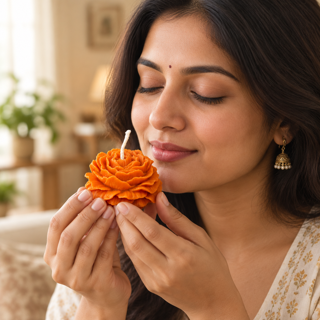 Woman holding the orange rose candle and enjoying its fragrance