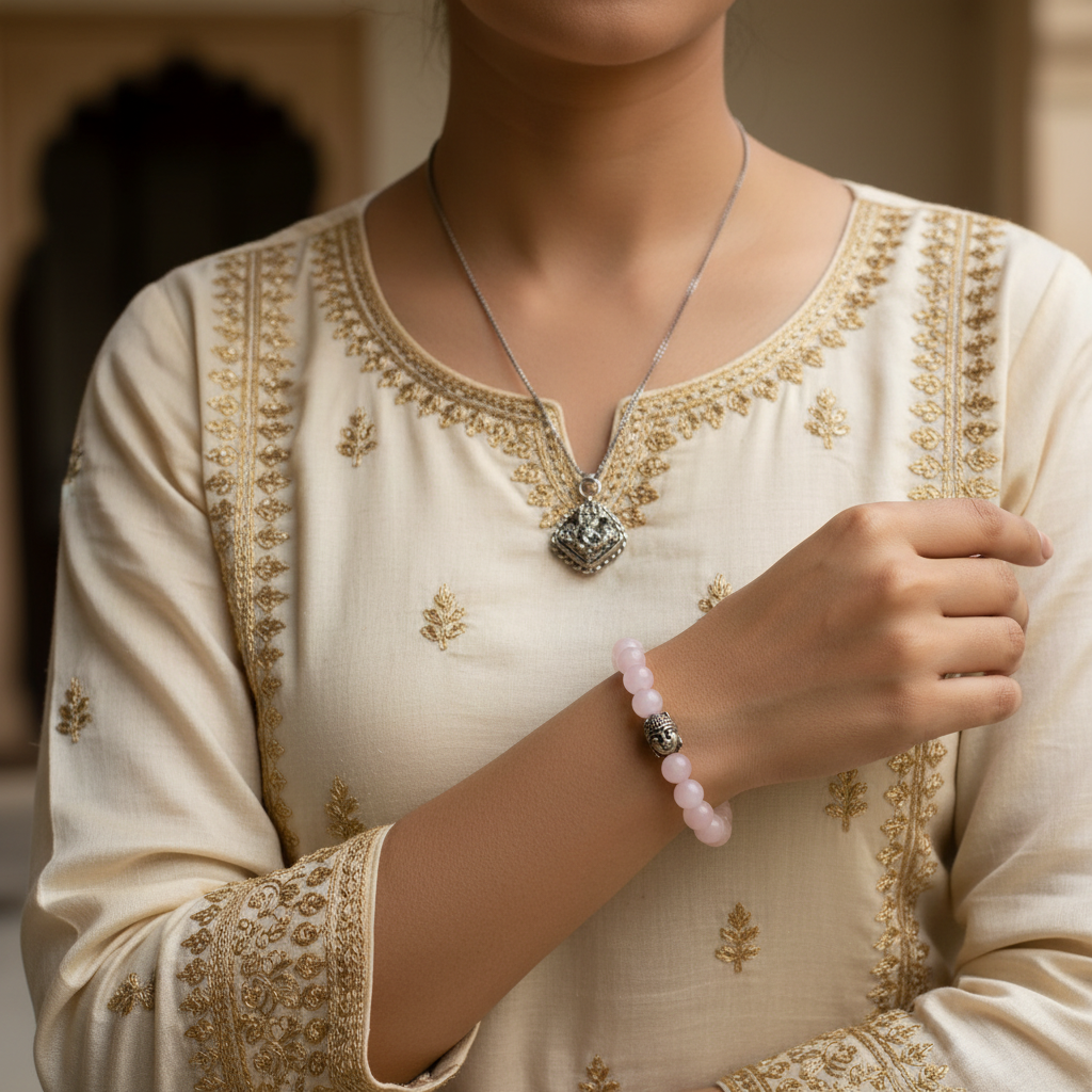 Woman in Kurta Wearing Ganesha Pendant and Rose Quartz Bracelet