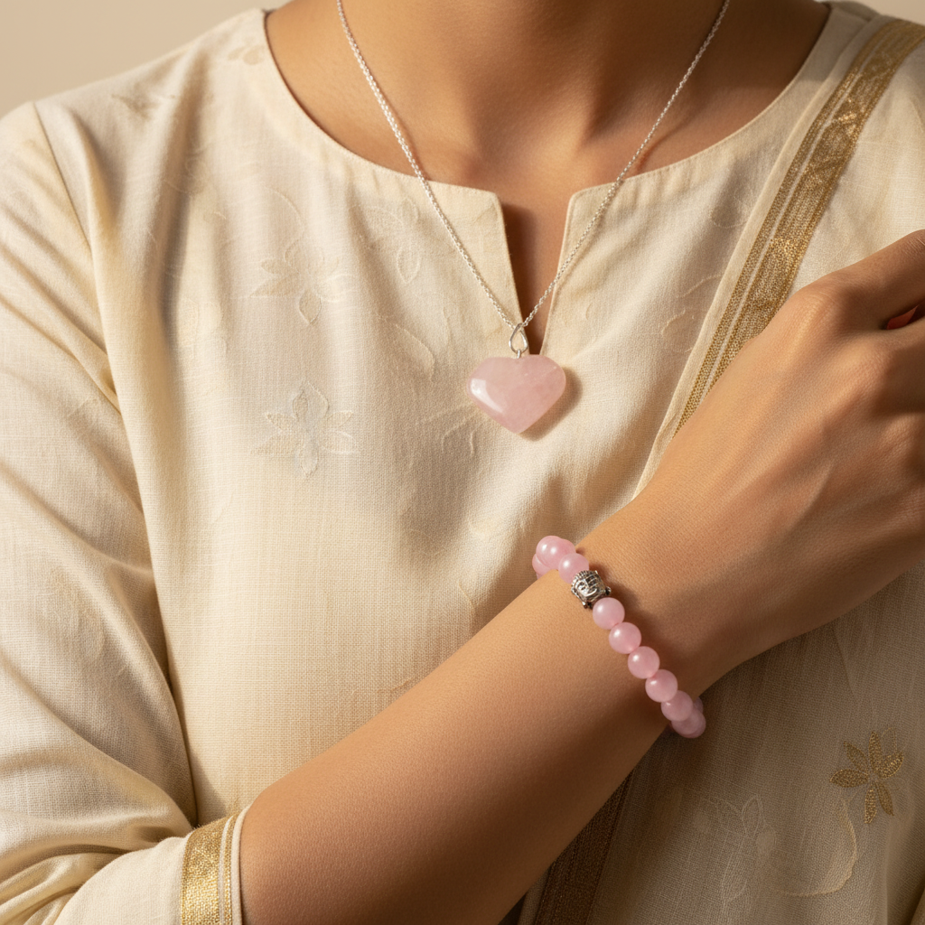 Woman in Kurta Wearing Rose Quartz Heart Pendant and Bracelet