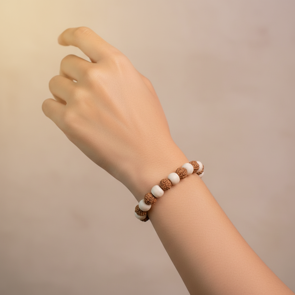 Woman Wearing 5 Mukhi Rudraksha Tulsi Bracelet - Wrist Shot