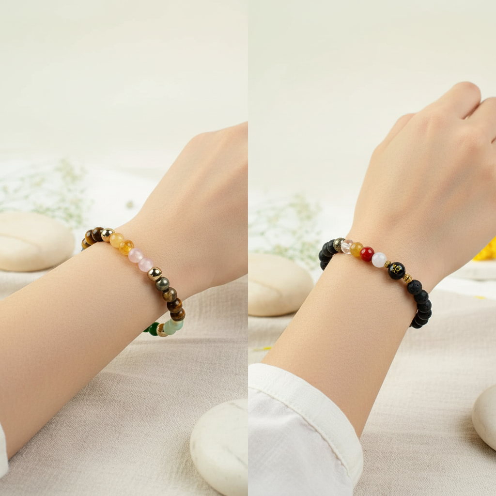 Woman wearing both Dhan Shanti Combo bracelets - dual wrist shots