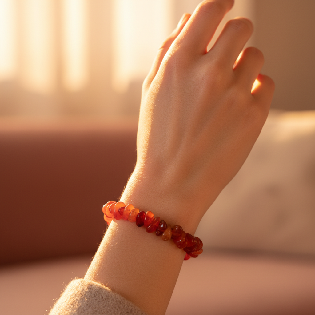 Woman wearing Carnelian bracelet - wrist shot