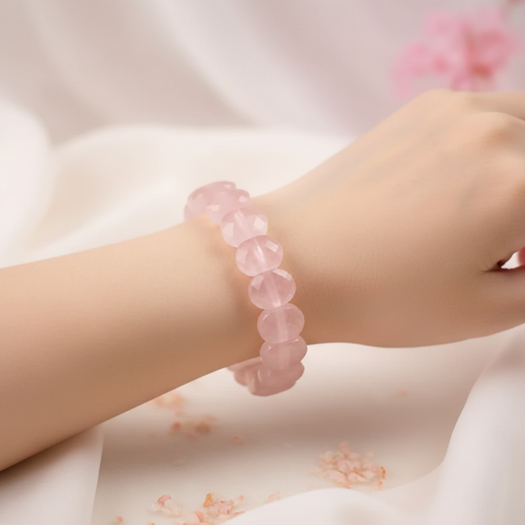 Woman wearing faceted Rose Quartz bracelet - wrist shot