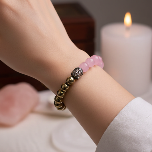 Woman wearing Love & Lakshmi bracelet - wrist shot