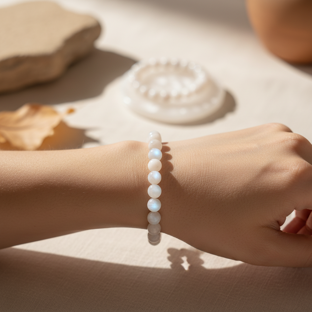 Woman wearing moonstone bracelet - wrist shot