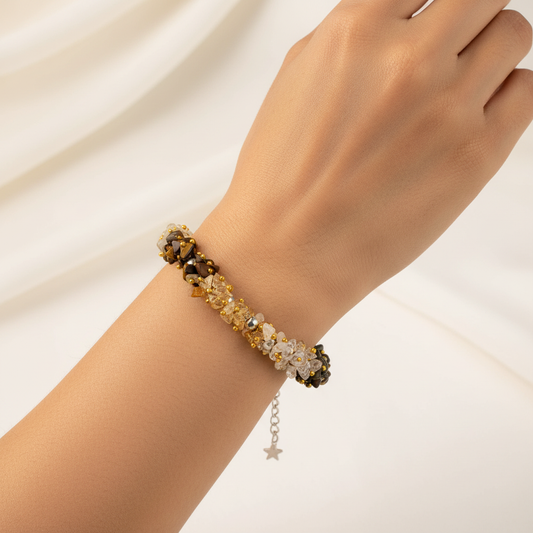 Woman Wearing Multi-Gemstone Chip Bracelet - Wrist Close-Up